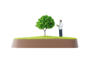 A miniature figure stands beside a lush green tree on a small patch of grass, engaged in nurturing or caring for the plant. png
