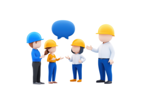 Four construction workers in hard hats engage in conversation, highlighting teamwork and communication in a professional setting. png