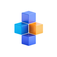 A cluster of colorful cubes in blue and orange arranged in a unique geometric pattern. png