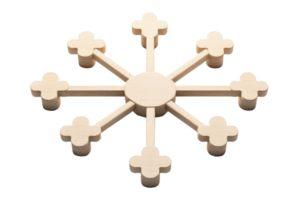 A wooden snowflake shape with multiple arms and cross-like extensions, emphasizing its symmetrical design and craftsmanship. png