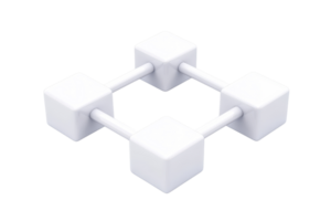 A geometric arrangement of white cubes connected by thin rods, forming a minimalistic and symmetric structure. png