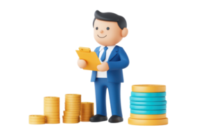 A cheerful figure in a suit holds a clipboard, standing beside stacks of coins, symbolizing finance and business. png