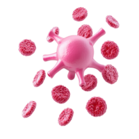 A stylized pink virus surrounded by circular particles, emphasizing its cellular structure and intricate surface. png