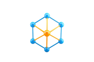 A 3D geometric structure with a central sphere connected to surrounding spheres by colorful lines, forming a symmetrical shape. png