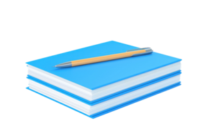 A stack of blue notebooks with a yellow pen resting on top, emphasizing a study or writing theme. png
