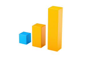 Three colorful bar graphs representing different heights and values, with a blue cube and two yellow rectangular prisms. png