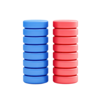 Two stacks of cylindrical tokens, one blue and one red, arranged vertically with equal numbers in each stack. png