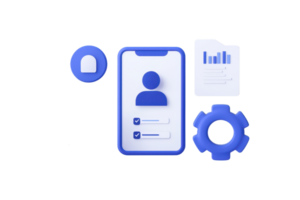 A modern smartphone displaying a user profile, accompanied by a gear icon, a document with graphs, and a padlock symbol. png
