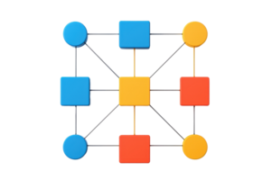 A geometric arrangement of colorful circles and squares connected by lines, illustrating a network or grid structure. png