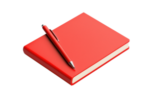 A vibrant red notebook with a sleek pen resting on top, designed for writing and note-taking. png