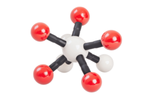 A molecular model featuring spherical atoms connected by rods, with red and white spheres representing different elements. png