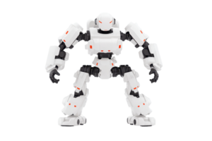 A humanoid robot figure with articulated joints, featuring a white body and red accents, designed for play or display. png