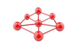 A red spherical molecular structure connected by lines, illustrating a network or bonding. png