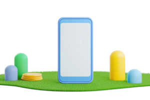 A colorful smartphone surrounded by various playful geometric shapes on a grassy surface. png