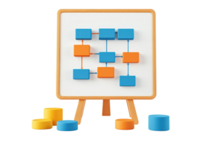 A colorful flowchart displayed on an easel, featuring blue and orange boxes connected by lines, alongside various colored circular tokens. png