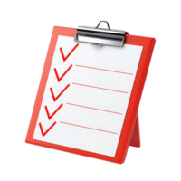 A red clipboard with a checklist featuring several red check marks next to empty lines. png