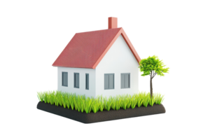 A small, charming house with a red roof, white walls, and a surrounding grassy area, complemented by a tree. png