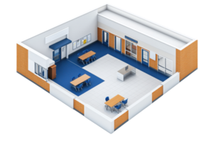 A modern classroom featuring tables, chairs, and various educational materials, designed for collaborative learning. png