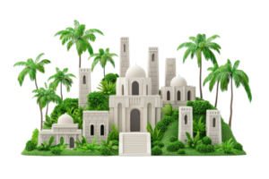 A detailed, architectural structure featuring domes, towers, and surrounded by lush greenery and palm trees. png