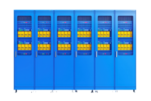 A series of blue lockers with yellow display panels, designed for secure storage and organized access. png