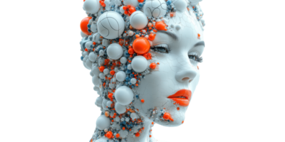 Face with Floating Spheres and Red Accents Isolated on Transparent Background png