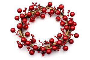 Round Christmas wreath with red holly branches isolated on white. photo