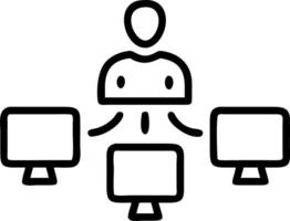 Diverse team member working on multiple screens in modern office with glossy background and copy space vector