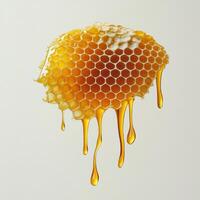 piece of honeycomb with golden honey dripping from hexagonal cells, showcasing natural beauty and sweetness of honey. image highlights intricate structure and rich color of honeycomb photo