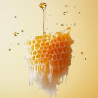 dripping honeycomb suspended in mid air with golden honey droplets against warm yellow background, showcasing natural beauty and texture of honey photo