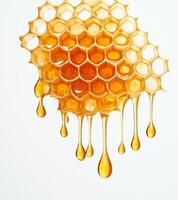 Golden honeycomb dripping with fresh honey against white background, showcasing natural beauty and texture of honeycomb structure photo