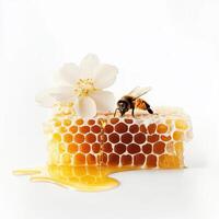 bee on honeycomb with white flower, showcasing nature beauty and sweetness. honeycomb is dripping with golden honey, highlighting intricate hexagonal pattern and bee role in pollination photo