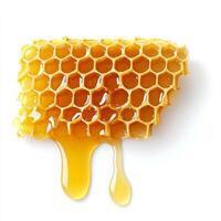 close up of honeycomb dripping with golden honey, showcasing its hexagonal structure and natural sweetness against white background photo