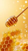 Golden honey drips from wooden dipper onto fresh honeycomb, creating sweet and appetizing scene. rich amber color and sticky texture highlight natural beauty of honey photo
