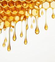 Golden honey drips from honeycomb, showcasing natural sweetness and texture of fresh honey. image captures rich, amber color and intricate hexagonal pattern of honeycomb photo