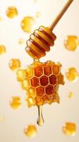 Golden honeycomb dripping with honey on wooden dipper, surrounded by honey droplets, creating sweet and natural ambiance photo