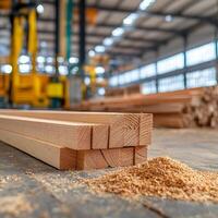 Manufacturing on raw material supply. Wooden planks stacked in a warehouse with sawdust. photo