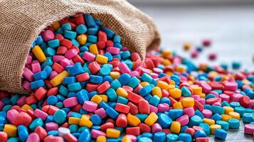 Manufacturing on raw material supply. Colorful candy pieces spilling from a burlap sack. photo