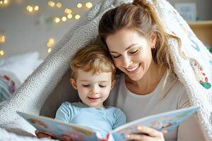 Bonding moments for children and a working mom. Cozy reading moment between mother and child under a blanket. photo