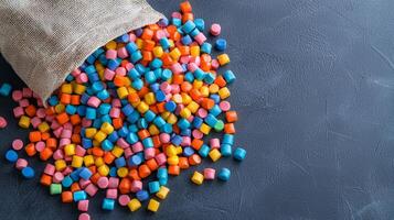 Manufacturing on raw material supply. Colorful candy pieces spilling from a burlap bag. photo