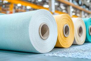 Manufacturing on raw material supply. Colorful fabric rolls displayed in a warehouse setting photo