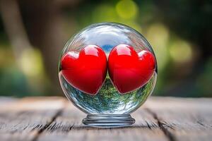 Valentine magical feelings. Two red hearts in a glass sphere on a wooden surface. photo