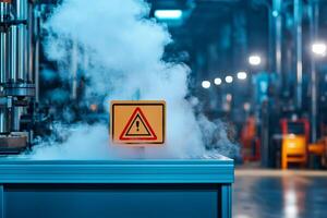 Safety guidelines for manufacturing. Warning sign amidst steam in an industrial setting. photo