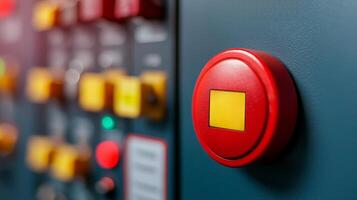 Safety guidelines for manufacturing. Control panel with red emergency button highlighted. photo