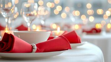 Valentine perfect ambiance. Elegant table setting with red accents and soft lighting. photo