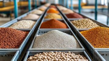 Manufacturing on raw material supply. Colorful spices arranged in trays at a marketplace. photo