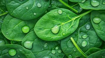Fresh spinach leaves with water droplets glistening on the surface. photo