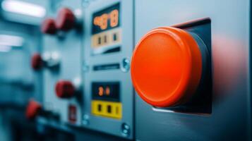 Safety guidelines for manufacturing. Control panel with an orange button and digital displays. photo