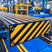 Safety guidelines for manufacturing. Industrial conveyor with black and yellow safety markings photo