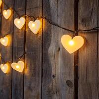 Valentine perfect ambiance. Heart-shaped lights on a wooden background. photo