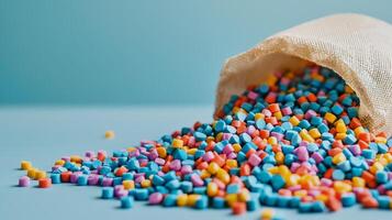 Manufacturing on raw material supply. Colorful pellets spilling from a fabric bag on a blue surface. photo